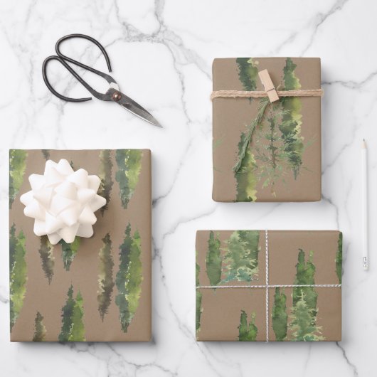 Rustic Kraft Waterverf Woodland Evergreen Trees Inpakpapier Vel (Voorkant)