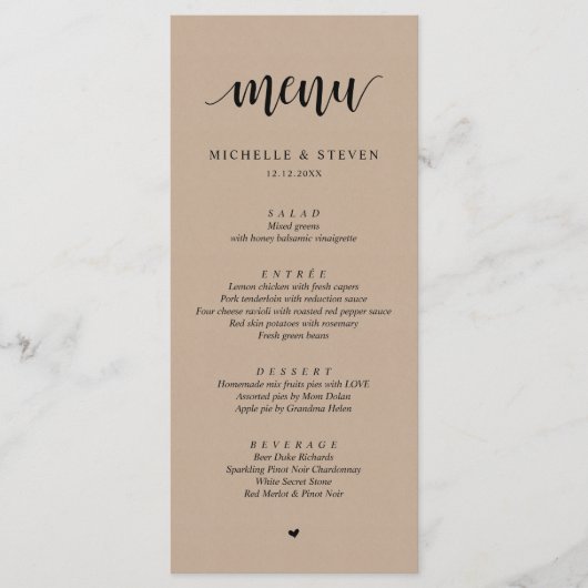 Rustic Kraft Wedding Elopement Menu (Voorkant)