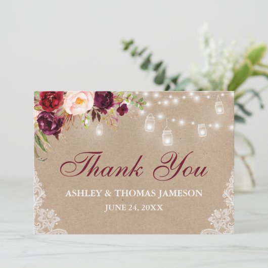Rustic Kraft Wedding Floral Jar Lights Bedankkaart (Staand voorkant)