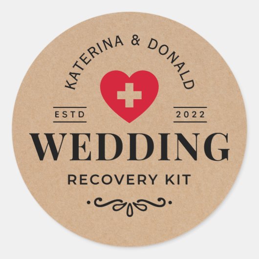 Rustic Kraft Wedding Hangover Recovery Kit Classi Ronde Sticker (Voorkant)