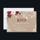 Rustic Kraft Wedding Jar Lights RSVP Kaartje<br><div class="desc">Kraft Rustic Wedding String Lights Mason Jars Lace Waterverf Burgundy Marsala Floral RSVP Card</div>