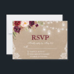 Rustic Kraft Wedding Jar Lights RSVP Kaartje<br><div class="desc">Kraft Rustic Wedding String Lights Mason Jars Lace Waterverf Burgundy Marsala Floral RSVP Card</div>
