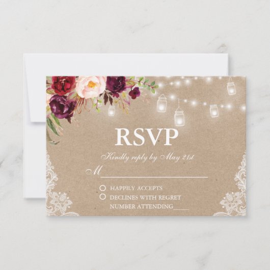 Rustic Kraft Wedding Lights Jars Lace Floral RSVP (Voorkant)