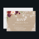 Rustic Kraft Wedding Lights Jars Lace Floral RSVP<br><div class="desc">Kraft Rustic Wedding String Lights Mason Jars Lace Waterverf Burgundy Marsala Floral RSVP Card</div>