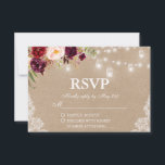 Rustic Kraft Wedding Lights Jars Lace Floral RSVP<br><div class="desc">Kraft Rustic Wedding String Lights Mason Jars Lace Waterverf Burgundy Marsala Floral RSVP Card</div>