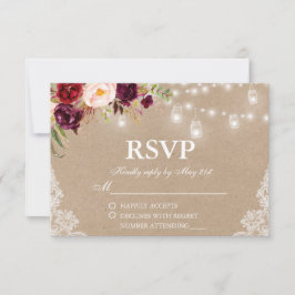 Rustic Kraft Wedding Lights Jars Lace Floral RSVP