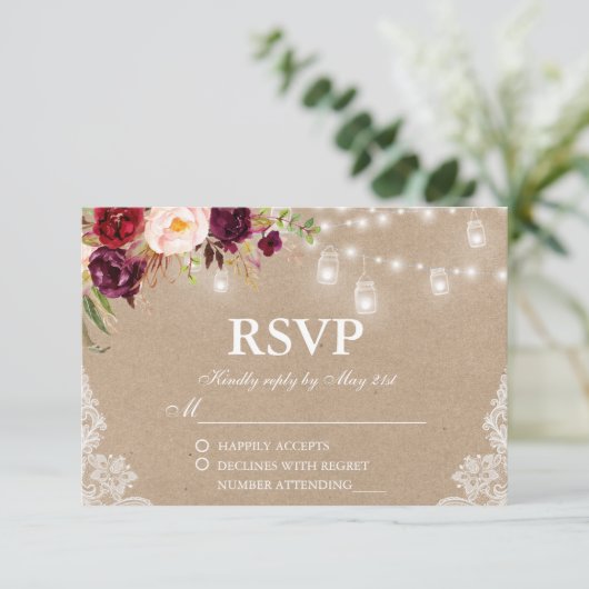 Rustic Kraft Wedding Lights Jars Lace Floral RSVP Kaartje (Staand voorkant)