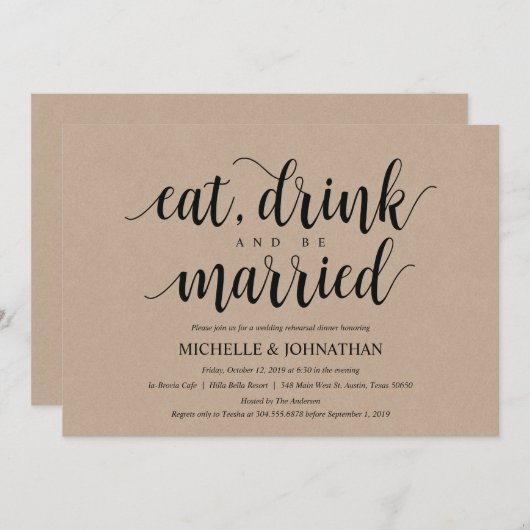 Rustic Kraft Wedding Rehearsal Dinner Invites Kaart (Voorkant / Achterkant)