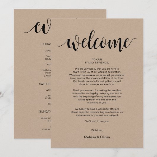 Rustic Kraft Wedding Welkom en reisschema Kaart (Voorkant / Achterkant)
