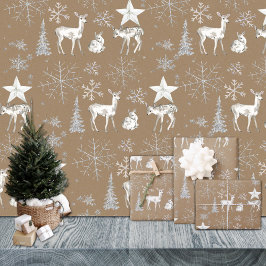 Rustic Kraft White Baby Doe Deer Silver Snowflakes Inpakpapier Vel