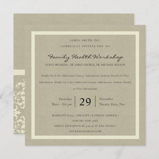 RUSTIC KRAFT WHITE DAMASK CLASSIC WORKSHOP EVENT KAART (Voorkant / Achterkant)