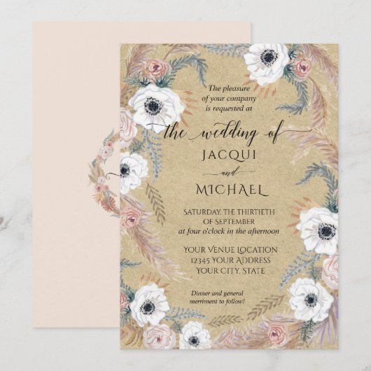 Rustic Kraft White Floral BOHO Pampas Grass Tropic Kaart (Voorkant / Achterkant)