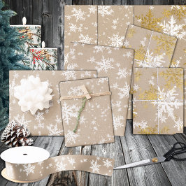 Rustic Kraft White & Gold Snowflakes Inpakpapier Vel