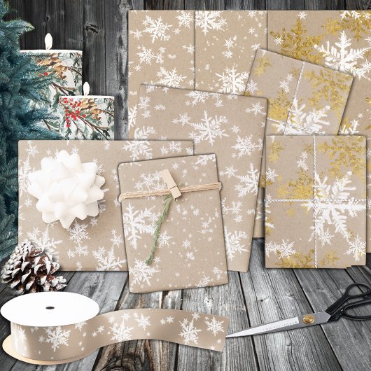 Rustic Kraft White & Gold Snowflakes Inpakpapier Vel
