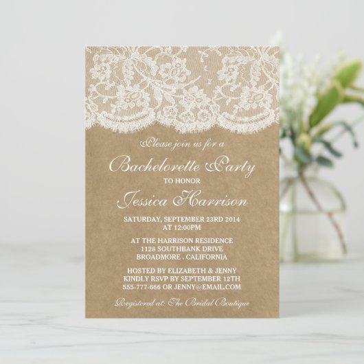Rustic Kraft  White Lace Bachelorette Party Kaart (Staand voorkant)