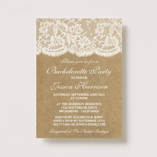 Rustic Kraft  White Lace Bachelorette Party Kaart