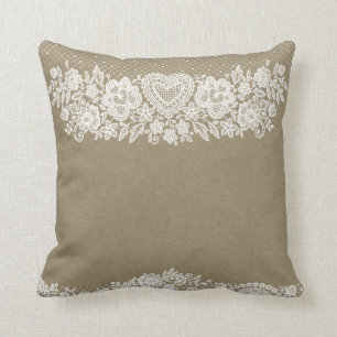 Rustic Kraft & White Lace Lacy Farmhouse Chic Kussen