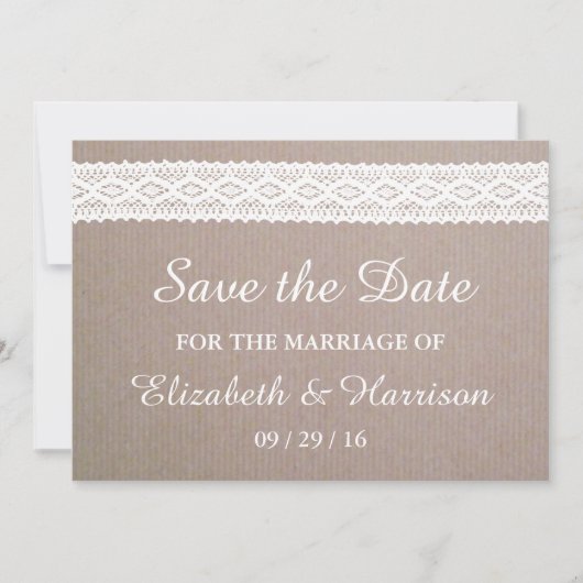 Rustic Kraft & White Lace Save the Date (Voorkant)