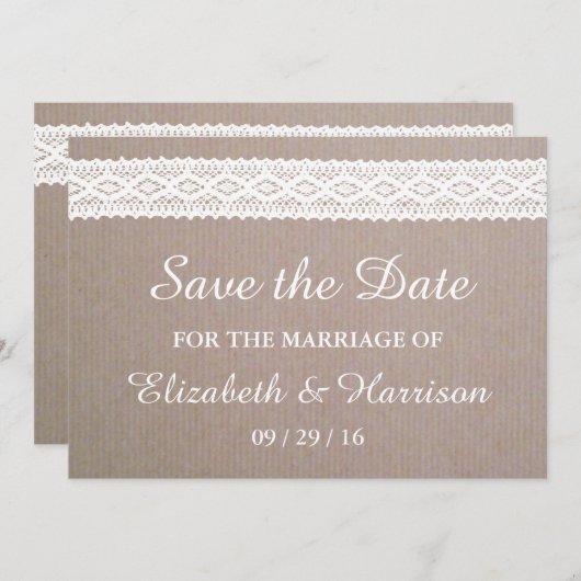 Rustic Kraft & White Lace Save the Date (Voorkant / Achterkant)