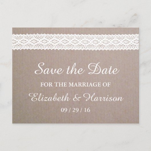 Rustic Kraft & White Lace Save the Date Aankondigingskaart (Voorkant)