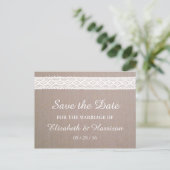 Rustic Kraft & White Lace Save the Date Aankondigingskaart (Staand voorkant)