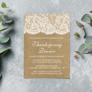 Rustic Kraft & White Lace Thanksgiving Dinner Kaart