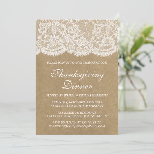 Rustic Kraft & White Lace Thanksgiving Dinner Kaart (Staand voorkant)