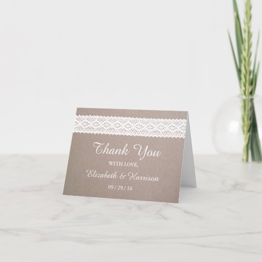 Rustic Kraft &  White Lace Weddig Bedankkaart (Voorkant)