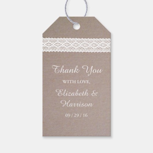 Rustic Kraft & White Lace Wedding Cadeaulabel (Voorkant)