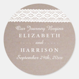 Rustic Kraft & White Lace Wedding Favor Ronde Sticker