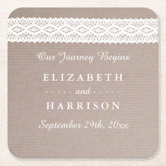 Rustic Kraft & White Lace Wedding Kartonnen Onderzetters (Voorkant)