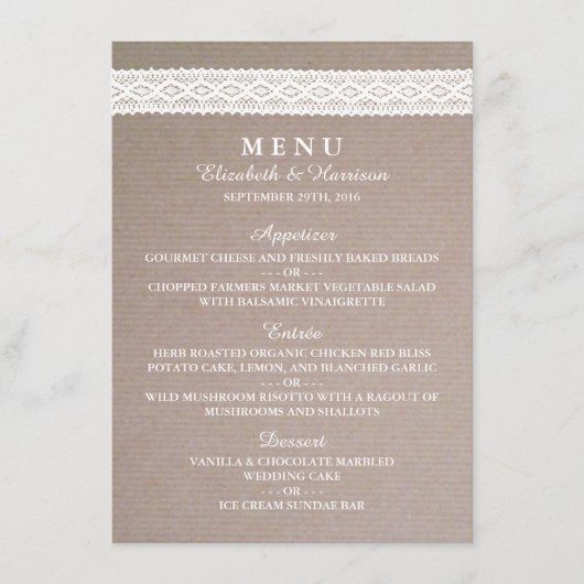 Rustic Kraft & White Lace Wedding Menu (Voorkant)