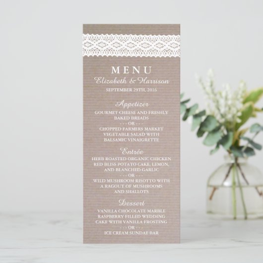 Rustic Kraft & White Lace Wedding Menu (Staand voorkant)