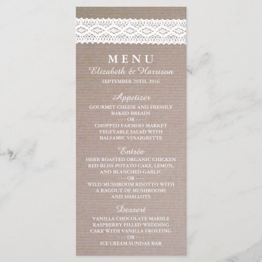 Rustic Kraft &  White Lace Wedding Menu (Voorkant)