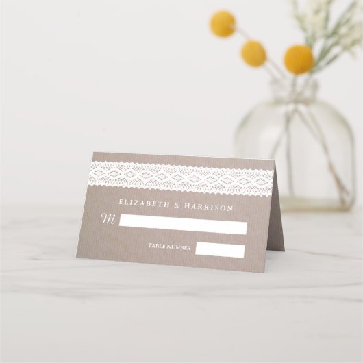 Rustic Kraft &  White Lace Wedding Plaatskaartje (Voorkant)