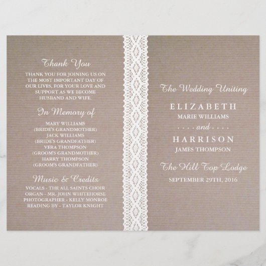 Rustic Kraft &  White Lace Wedding Programme (Voorkant)