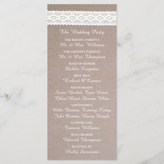 Rustic Kraft &  White Lace Wedding Programme Programmakaart (Achterkant)