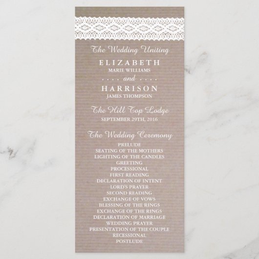 Rustic Kraft & White Lace Wedding Programme Programmakaart (Voorkant)