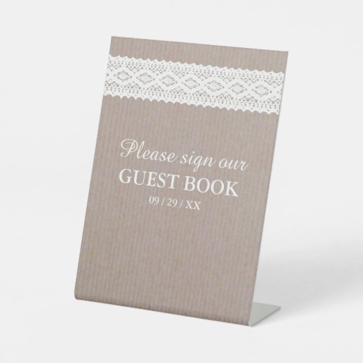 Rustic Kraft &  White Lace Wedding Reclamebord Met Voetstuk (Voorkant)