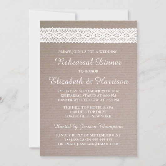 Rustic Kraft, White Lace Wedding Rehearsal Dinner Kaart (Voorkant)