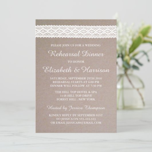 Rustic Kraft, White Lace Wedding Rehearsal Dinner Kaart (Staand voorkant)