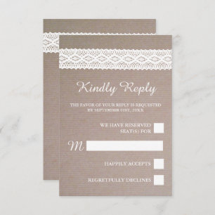 Rustic Kraft &  White Lace Wedding RSVP Kaartje