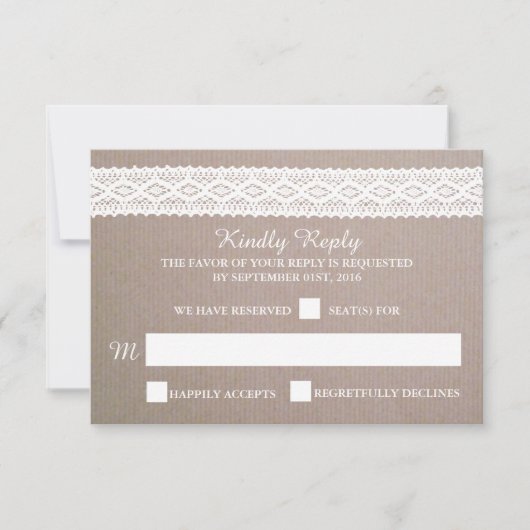 Rustic Kraft &  White Lace Wedding RSVP Kaartje (Voorkant)