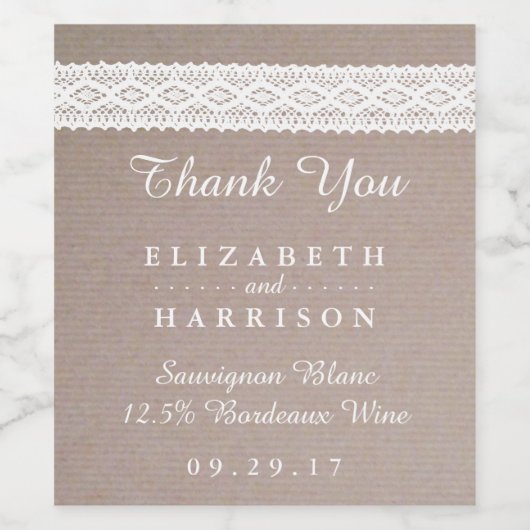 Rustic Kraft &  White Lace Wedding Wijn Etiket (Enkel label)