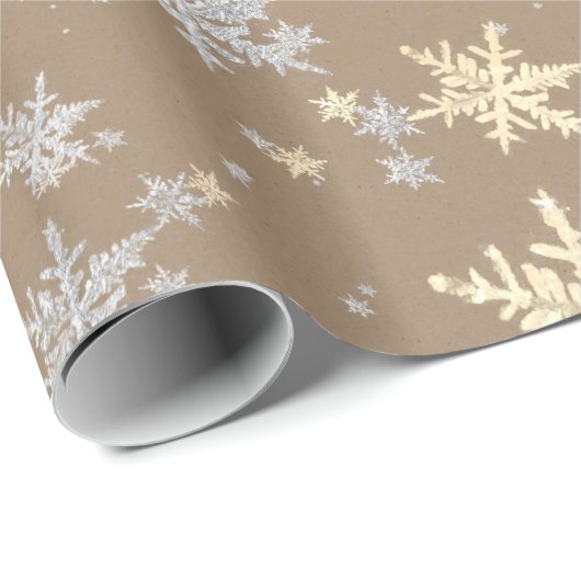 Rustic Kraft White Silver Gold Snowflakes Cadeaupapier (Rol Hoek)