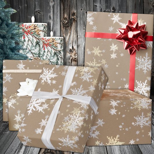 Rustic Kraft White Silver Gold Snowflakes Cadeaupapier