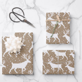 Rustic Kraft White Stag Reindeer Snowfall Inpakpapier Vel