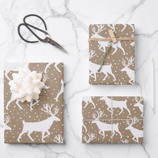 Rustic Kraft White Stag Reindeer Snowfall Inpakpapier Vel (Voorkant)