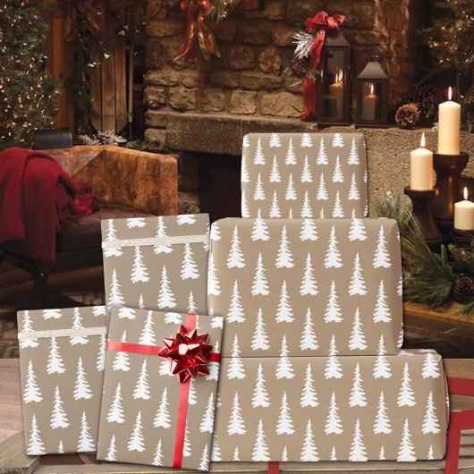Rustic Kraft White Woodland met kerstbomen Cadeaupapier