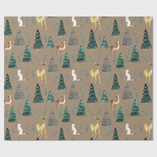 Rustic Kraft Winter Animals Green Spruce Trees Cadeaupapier (Vlak)